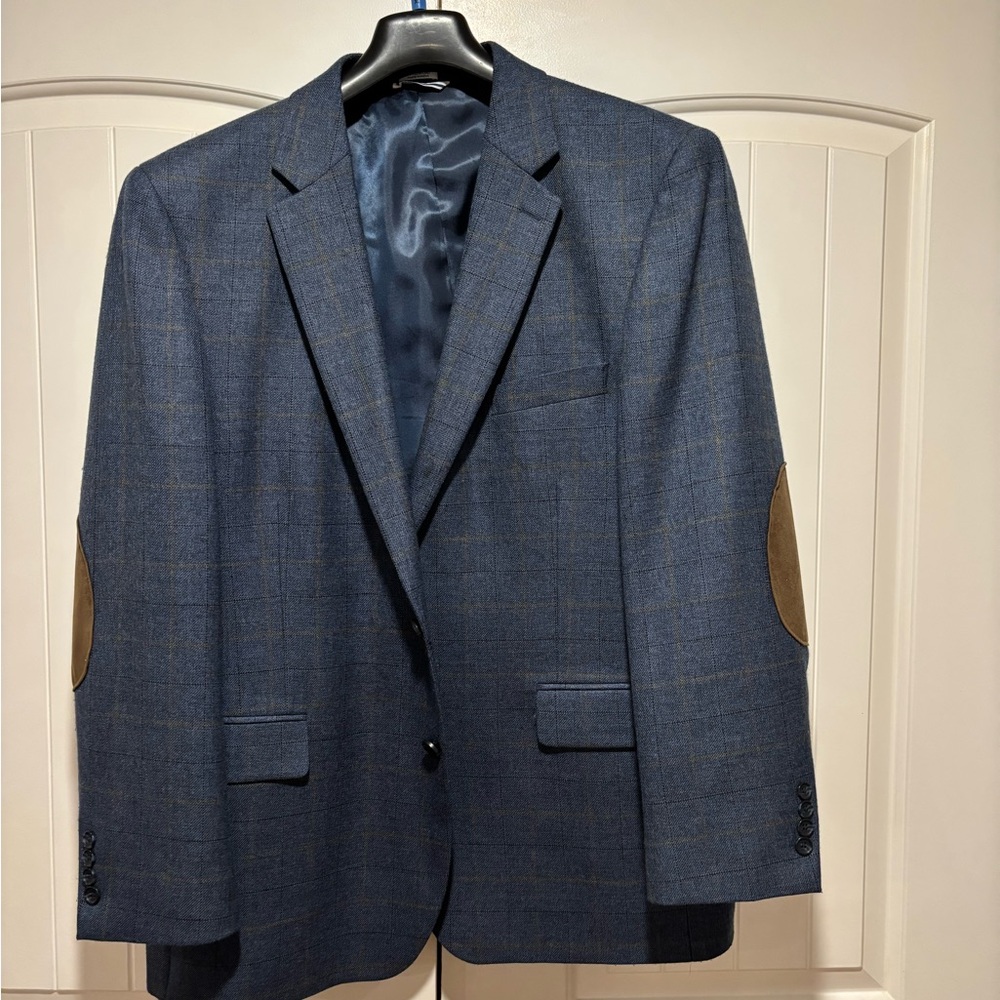 Saddlebred blue lambswool with windowpane Blazer with Tan Elbow Patches